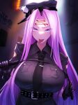  1girl bangs belt black_gloves black_shirt breasts facial_mark fate/stay_night fate_(series) forehead forehead_mark gloves hat highres large_breasts long_hair looking_at_viewer medusa_(fate) medusa_(rider)_(fate) minami_koyogi open_mouth parted_bangs police police_hat police_uniform purple_eyes purple_hair riding_crop shirt short_sleeves sidelocks solo tongue tongue_out uniform very_long_hair 