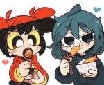  2girls bangs black_hair black_hoodie blue_eyes blue_hair blush_stickers borrowed_character bowl character_request chopsticks commentary drawstring eating english_commentary food food_on_face fuka-chan hair_between_eyes heart highres holding holding_bowl holding_chopsticks holding_food hood hood_down hoodie kim_crab long_sleeves multicolored_hair multiple_girls open_mouth original pixelated puffy_long_sleeves puffy_sleeves red_hair rice short_eyebrows shrimp shrimp_tempura simple_background takoyaki tempura thick_eyebrows twintails two-tone_hair v-shaped_eyebrows white_background yellow_eyes 