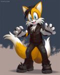  1boy :d black_footwear black_hair black_jacket black_pants blue_eyes boots cosplay erk_aicrag_(musician) eyeshadow fox_boy furry furry_male hands_up jacket looking_at_viewer makeup male_focus multiple_tails open_mouth pants smile solo sonic_(series) spiked_boots spikes tail tails_(sonic) totesfleisch8 