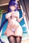  1girl ai-generated bare_shoulders beach bikini black_thighhighs blurry blurry_background blush braid breasts closed_mouth collarbone commentary eyepatch_bikini genshin_impact hair_ornament highres long_hair looking_at_viewer mangagenshin medium_breasts navel ocean purple_eyes purple_hair raiden_shogun single_braid solo standing stomach swimsuit thighhighs white_bikini 