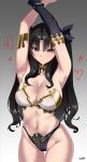  1girl absurdres armlet armpits arms_up bangs bare_shoulders bikini black_hair black_thighhighs blush breasts cleavage detached_sleeves earrings fate/grand_order fate_(series) gold_trim hair_ribbon highleg highleg_bikini highres hoop_earrings ishtar_(fate) jewelry kurozawa_yui large_breasts long_hair looking_at_viewer mismatched_bikini navel neck_ring parted_bangs red_eyes ribbon single_detached_sleeve single_thighhigh solo stomach swimsuit thighhighs thighlet thighs tiara two_side_up 