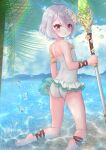  1girl ass bare_shoulders barefoot elf feet flat_chest frilled_swimsuit frills highres kokkoro_(princess_connect!) kokkoro_(summer)_(princess_connect!) legs looking_back one-piece_swimsuit outdoors pink_eyes pointy_ears polearm princess_connect! short_hair soles spear swimsuit teren toes weapon white_hair 