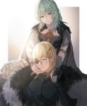  1boy 1girl absurdres blonde_hair breasts byleth_(fire_emblem) byleth_(fire_emblem)_(female) cape cloak closed_eyes dimitri_alexandre_blaiddyd eyepatch fire_emblem fire_emblem:_three_houses fur-trimmed_cloak fur_trim green_eyes green_hair grey_cape hair_between_eyes hand_on_another&#039;s_chin highres holding_hands medium_breasts medium_hair oretsuu smile upper_body 