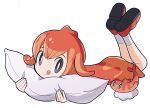  1girl :q bangs bbhdrrr bright_pupils closed_mouth creature_and_personification dress flipped_hair grey_eyes highres looking_at_viewer lying on_stomach orange_dress orange_footwear orange_hair personification pillow pokemon pokemon_(creature) shoes simple_background smile socks tatsugiri tatsugiri_(curly) tongue tongue_out white_background white_pupils 