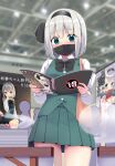  1girl 4others bangs black_bow black_bowtie black_hairband blush bow bow_hairband bowtie breasts collared_shirt comiket commentary_request content_rating cowboy_shot green_eyes green_skirt green_vest grey_hair hairband highres indoors konpaku_youmu konpaku_youmu_(ghost) manga_(object) mask medium_breasts miniskirt mouth_mask multiple_others people pleated_skirt reading shirt shishiky short_hair skirt skirt_set solo_focus sweat table touhou translation_request vest white_shirt 