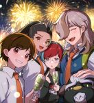  2boys 2girls :d arven_(pokemon) bangs black_hoodie blush brown_eyes brown_hair closed_eyes collared_shirt commentary cup dark-skinned_female dark_skin fireworks florian_(pokemon) glass glasses grey_eyes hair_over_one_eye holding holding_cup hood hoodie looking_at_viewer lu_(sa17_71) mabosstiff multicolored_hair multiple_boys multiple_girls naranja_academy_school_uniform necktie nemona_(pokemon) night open_clothes open_mouth open_vest orange_necktie outdoors penny_(pokemon) poke_ball_print pokemon pokemon_(creature) pokemon_(game) pokemon_sv ponytail red_hair round_eyewear school_uniform shirt short_hair smile strap teeth two-tone_hair upper_teeth_only vest 