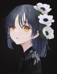  1girl absurdres black_background blue_hair bocchi_the_rock! earrings flower hair_flower hair_ornament hairclip highres jewelry looking_at_viewer mile_(mil2) mole mole_under_eye open_mouth simple_background teeth upper_teeth_only white_flower yamada_ryou yellow_eyes 