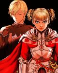  1boy 1girl armor bangs berserk black_background blonde_hair blunt_bangs braid brother_and_sister cape closed_eyes closed_mouth farnese_(berserk) gauntlets hair_between_eyes highres looking_at_viewer nisino2222 serious serpico_(berserk) sheath sheathed short_twintails siblings side_braid simple_background smile sword twintails weapon 