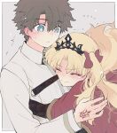  1boy 1girl azumi_(myameco) blonde_hair blue_eyes brown_hair cape closed_eyes commentary_request ereshkigal_(fate) fate/grand_order fate_(series) fujimaru_ritsuka_(male) grey_background hair_ribbon hetero hug long_hair looking_at_another red_cape red_ribbon ribbon short_hair simple_background tiara 