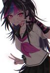  1girl bangs black_gloves black_hair black_nails black_sailor_collar black_skirt blue_hair collarbone cotton_(demone115) cowboy_shot danganronpa_(series) danganronpa_2:_goodbye_despair fingerless_gloves gloves grey_background grin hair_horns highres long_hair mioda_ibuki mouth_piercing multicolored_hair neckerchief piercing pink_eyes pink_hair pink_neckerchief pleated_skirt sailor_collar school_uniform shirt short_sleeves simple_background skirt smile solo striped striped_gloves teeth torn_clothes torn_gloves v white_hair 