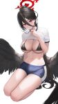  1girl abab_xiaxia absurdres bikini bikini_under_clothes black_bikini black_hair black_wings blue_archive blue_shorts breasts cleavage clothes_lift feathered_wings gym_uniform hair_between_eyes halo hasumi_(blue_archive) hasumi_(gym_uniform)_(blue_archive) highres holding large_breasts lifted_by_self long_hair looking_at_viewer low_wings mole mole_under_eye navel official_alternate_costume parted_lips ponytail red_eyes seiza shirt_lift short_shorts short_sleeves shorts simple_background sitting solo stomach string_bikini swimsuit thighs very_long_hair white_background wings 