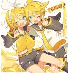  1boy 1girl ;d absurdres anniversary aqua_eyes bare_shoulders bass_clef blonde_hair blush bow brother_and_sister claw_pose detached_sleeves hair_bow hair_ornament hairclip hand_on_another&#039;s_back headphones headset highres index_finger_raised kagamine_len kagamine_rin leg_warmers midriff miwasiba navel necktie one_eye_closed sailor_collar shirt short_hair short_ponytail short_sleeves shorts siblings sleeveless sleeveless_shirt smile star_(symbol) treble_clef twins vocaloid white_bow yellow_background yellow_nails yellow_necktie 
