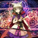  1girl bangs baton brown_eyes brown_hair cape collared_dress dress earmuffs flower headphones high_collar kaigen_1025 light_brown_hair multicolored_cape multicolored_clothes pointy_hair purple_cape purple_skirt red_cape ritual_baton short_hair skirt sleeveless solo sword ten_desires touhou toyosatomimi_no_miko two-sided_fabric two-tone_cape wavy_hair weapon white_dress 