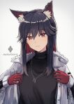  1girl animal_ear_fluff animal_ears arknights artist_name black_hair black_sweater closed_mouth colored_inner_hair highres jacket jewelry long_sleeves looking_at_viewer multicolored_hair nanatsuka necklace official_alternate_costume open_clothes open_jacket red_eyes red_hair red_jacket simple_background smile solo sweater texas_(arknights) texas_(winter_messenger)_(arknights) unbuttoned white_background white_jacket wolf_ears 