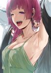  1girl adjusting_hair armpits arms_up bocchi_the_rock! braid breasts camisole cleavage collarbone green_camisole hair_over_shoulder hews highres hiroi_kikuri long_hair looking_at_viewer no_bra one_eye_closed piercing purple_eyes purple_hair saliva sharp_teeth single_braid solo sweat teeth tongue tongue_out tongue_piercing 