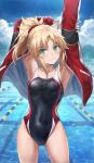  1girl alternate_costume bangs blonde_hair braid breasts competition_swimsuit covered_navel fate/grand_order fate_(series) french_braid green_eyes hair_ornament hair_scrunchie highres jacket lane_line long_hair looking_at_viewer mordred_(fate) mordred_(fate/apocrypha) one-piece_swimsuit parted_bangs ponytail pool red_scrunchie revision scrunchie sidelocks small_breasts smile solo swimsuit thighs tonee 