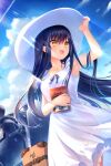  1girl black_hair book dress holding holding_book key_(company) kushima_kamome long_hair na-ga open_mouth smile solo summer_pockets very_long_hair white_headwear yellow_eyes 