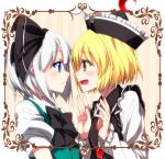  2girls bangs black_bow black_bowtie black_hairband blonde_hair blue_eyes blush border bow bowtie braid closed_mouth collar collared_shirt dress framed_image frilled_hat frills green_dress hair_between_eyes hair_bow hairband hands_up hat konpaku_youmu long_sleeves looking_at_another lunasa_prismriver multiple_girls open_mouth pink_background puffy_short_sleeves puffy_sleeves sazanami_mio shirt short_hair short_sleeves smile striped striped_background touhou upper_body white_border white_hair white_shirt yellow_background yellow_eyes yuri 