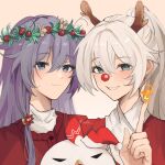  2girls antlers bangs blue_eyes brown_background cardigan closed_mouth collared_shirt commentary english_commentary fake_antlers fire fu_hua grey_hair hand_up head_wreath highres honkai_(series) honkai_impact_3rd index_finger_raised izukei kiana_kaslana long_hair looking_at_viewer multiple_girls ponytail purple_hair pyrokinesis red_cardigan reindeer_antlers shirt simple_background smile twitter_username upper_body white_shirt 