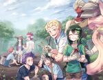  3girls 5boys :d ^_^ arm_up armpits asui_tsuyu atmospheric_perspective bangs belt black_eyes black_shirt blonde_hair blue_pants blue_shirt blue_sky blue_towel blush boku_no_hero_academia brown_jacket brown_shorts brown_tank_top carrying_over_shoulder closed_eyes closed_mouth clothes_around_waist clothing_cutout cloud collarbone commentary covered_mouth day dirt dirty dirty_clothes dirty_face dress empty_eyes extra_arms eye_contact eyelashes facing_viewer forest freckles fur-tipped_tail gloves grass green_hair green_pants grey_gloves grey_hair hair_over_one_eye hair_slicked_back hand_on_hip hand_on_own_knee happy hat head_back head_down headband holding holding_shovel jacket kendou_itsuka kirishima_eijirou leaning_forward legs_together long_hair looking_at_another looking_at_viewer looking_down looking_up low-tied_long_hair lowah messy_hair midoriya_izuku multiple_boys multiple_girls nature ojiro_mashirao orange_hair outdoors over_shoulder pants parted_lips people pinstripe_pattern plant plant_hair planting ponytail pouch purple_eyes purple_hair red_hair red_mask ringlets sack sapling sharp_teeth shinsou_hitoshi shiozaki_ibara shirt short_sleeves shorts shouji_mezou shovel sidelocks silhouette sky sleeveless smile soil spiked_hair squatting standing straight_hair striped sun_hat t-shirt tail tail_through_clothes talking tank_top teeth toned toned_male towel towel_around_neck tree trowel v v-neck white_dress white_headband white_shirt wiping_forehead 