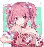  1girl absurdres bang_dream! bow choker collarbone dress frilled_dress frills hair_bow hashtag heart heart_hands highres looking_at_viewer maruyama_aya medium_hair nuruponnu open_mouth pink_eyes pink_hair sketch solo strapless strapless_dress teeth twintails upper_body upper_teeth_only 