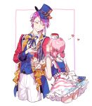  1boy 1girl aqua_hair asymmetrical_bangs bangs closed_eyes closed_mouth food hair_between_eyes hair_tie height_difference highres holding holding_food holding_spoon kamishiro_rui long_sleeves multicolored_hair ootori_emu parfait pink_hair pop_in_my_heart!!_(project_sekai) project_sekai purple_hair short_hair sleeveless spoon streaked_hair user_usrv2234 white_background yellow_eyes 