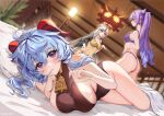  3girls absurdres ahoge ass babydoll bed_sheet bell blue_hair blurry blurry_background bra breasts brown_eyes brown_leotard ceiling_light chandelier cone_hair_bun double_bun ganyu_(genshin_impact) genshin_impact goat_horns hair_bun highres holding holding_smoking_pipe horns indoors keqing_(genshin_impact) large_breasts leotard long_hair looking_at_another looking_at_viewer lying medium_breasts multiple_girls neck_bell ningguang_(genshin_impact) on_side panties parted_lips pillow purple_bra purple_eyes purple_hair purple_panties smoking_pipe solo_focus standing thighs thong twintails underwear underwear_only very_long_hair volar_uwu wavy_hair white_hair yellow_bra yellow_panties 