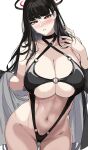  1girl alternate_costume bangs bare_shoulders black_choker black_hair black_one-piece_swimsuit blue_archive blush breasts bright_pupils choker cleavage cowboy_shot criss-cross_halter curvy groin hair_behind_ear hair_ornament hairclip halo halterneck hand_in_own_hair hand_up hella_p highleg highleg_swimsuit highres huge_breasts long_hair looking_at_viewer navel o-ring o-ring_swimsuit one-piece_swimsuit open_clothes parted_lips red_eyes rio_(blue_archive) sidelocks simple_background slingshot_swimsuit solo stomach swimsuit thighs underboob very_long_hair white_background white_pupils 