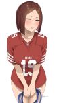 1girl absurdres american_football american_football_uniform breasts brown_eyes brown_hair byeon_dha deebo_samuel highres holding jersey leaning_forward medium_breasts national_football_league one_eye_closed san_francisco_49ers short_hair simple_background solo sportswear standing the_king_of_fighters twitter_username v_arms whip_(kof) white_background 