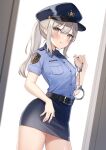  1girl :q absurdres bangs belt black_belt blonde_hair blue_headwear blue_shirt blue_skirt blush breasts buckle commentary_request commission cowboy_shot cuffs dutch_angle grey_eyes handcuffs hat highres holding holding_handcuffs long_hair looking_at_viewer medium_breasts miniskirt okiq original peaked_cap pencil_skirt pocket police police_hat police_uniform policewoman ponytail shirt shirt_tucked_in short_sleeves simple_background skeb_commission skirt smile solo thighs tongue tongue_out uniform 