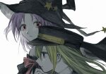 2girls alina_gray bab_(b3a8b00) bangs black_headwear blonde_hair bow green_hair hand_on_own_chin hat long_hair looking_at_another magia_record:_mahou_shoujo_madoka_magica_gaiden magical_girl mahou_shoujo_madoka_magica medium_hair misono_karin multiple_girls parted_bangs peaked_cap profile purple_hair red_eyes simple_background star_(symbol) upper_body white_background witch_hat 