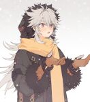  1boy :o alternate_costume bangs black_coat blush brown_gloves coat fur-trimmed_coat fur_trim genshin_impact gloves grey_hair hair_between_eyes highres hood hood_up long_hair male_focus open_hands open_mouth partially_fingerless_gloves razor_(genshin_impact) razor_is_cute scar scar_on_cheek scar_on_face scarf snowing solo very_long_hair yellow_scarf 