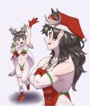  2girls :d animal_ears antlers antlers_through_headwear arm_up armpits bangs bikini black_hair boots breasts brown_eyes burikarun christmas collarbone covered_navel crossed_arms deer_ears deer_girl deer_tail extra_ears full_body gloves green_eyes grey_hair groin hat heterochromia highleg highleg_bikini highleg_leotard highres kemono_friends leotard long_hair looking_at_another moose_(kemono_friends) multicolored_hair multiple_girls open_mouth pom_pom_(clothes) red_eyes reindeer_(kemono_friends) santa_bikini santa_hat smile stomach strapless strapless_leotard swimsuit tail thigh_gap thigh_strap toned twintails two-tone_hair unaligned_breasts upper_body walking 