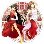  2girls 3mame_000_185 aerith_gainsborough bangs bare_shoulders bead_bracelet beads black_hair bracelet braid braided_ponytail breasts brown_eyes brown_hair china_dress chinese_clothes clenched_hands dress earrings elbow_gloves fighting_stance final_fantasy final_fantasy_vii full_body gloves green_eyes hair_ornament hair_ribbon holding holding_staff jewelry long_hair mandarin_collar medium_breasts multiple_girls official_alternate_costume parted_bangs pump red_dress red_ribbon red_skirt ribbon side_slit sidelocks skirt skirt_under_dress sleeveless sleeveless_dress staff swept_bangs tifa_lockhart wavy_hair white_dress white_footwear white_gloves yellow_footwear 