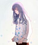  1girl bangs blue_flower brown_pants clothes_grab colored_eyelashes crying floral_print flower gradient gradient_background highres long_eyelashes long_hair long_sleeves looking_down original pants parted_lips purple_eyes purple_hair sad shirt solo tears upper_body wavy_hair white_background white_shirt yuyu 