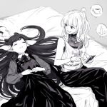  2girls cellphone commentary crossed_legs cup dress hololive hololive_english long_dress long_hair lying midriff mole mole_under_eye monochrome mori_calliope multiple_girls navel ninomae_ina&#039;nis official_alternate_costume on_back on_bed phone pointy_ears ponytail sitting smartphone symbol-only_commentary teacup virtual_youtuber yuuyu_(777) 