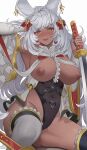  1girl :d animal_ears armpits bangs black_leotard black_nails blush bow breasts breasts_out commentary_request covered_navel dark-skinned_female dark_skin detached_sleeves frilled_thighhighs frills granblue_fantasy grey_hair hair_bow hand_in_own_hair highleg highleg_leotard highres holding holding_sword holding_weapon katana large_breasts leotard long_hair looking_at_viewer makura_(granblue_fantasy) moemochilatte nipples open_mouth rabbit_ears rabbit_girl red_bow sitting smile solo spread_legs sword thighhighs thighs wavy_hair weapon white_background white_sleeves white_thighhighs yellow_eyes 