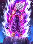  1boy aura clenched_hands dougi dragon_ball dragon_ball_super dragon_ball_super_super_hero electricity from_behind from_below full_body gohan_beast grey_hair highres male_focus muscular muscular_male rock solo son_gohan wai_(y48754085) wristband 