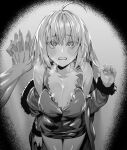  1boy 1girl absurdres breasts cleavage collarbone fate/grand_order fate_(series) fujimaru_ritsuka_(male) greyscale highres hxd jeanne_d&#039;arc_alter_(fate) jeanne_d&#039;arc_alter_(ver._shinjuku_1999)_(fate) large_breasts looking_at_viewer monochrome pov short_hair standing thighs 