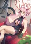  1girl animal_ear_fluff animal_ears bangs bell bipod black_dress black_gloves blush breasts center_opening chair china_dress chinese_clothes crossed_legs double_bun dress fate/grand_order fate_(series) folding_fan fox_ears fox_girl fox_tail glasses gloves grey-framed_eyewear gun hair_between_eyes hair_bun hand_fan highres holding holding_fan jingle_bell koyanskaya_(chinese_lostbelt_outfit)_(fate) koyanskaya_(fate) large_breasts long_hair looking_at_viewer magazine_(weapon) nakaga_eri optical_sight pink_hair rifle round_window scope semi-rimless_eyewear side_slit sidelocks sitting sleeveless sleeveless_dress smile solo tail tamamo_(fate) tassel thighs under-rim_eyewear underboob weapon weapon_request window yellow_eyes 