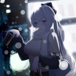  1girl absurdres aged_up bangs blurry bow breasts bright_pupils bronya_zaychik bronya_zaychik_(silverwing:_n-ex) brown_scarf can canned_coffee city_lights cold crossed_bangs drill_hair grey_eyes grey_hair hair_bow highres honkai_(series) honkai_impact_3rd large_breasts light_particles long_hair ponytail quintincy ribbed_sweater scarf solo steam_from_mouth sweater turtleneck turtleneck_sweater 