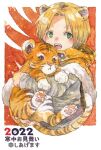  1girl 2022 animal_ears animal_hands bangs blonde_hair chinese_zodiac commentary_request green_eyes grey_shirt long_sleeves open_mouth original shirt short_hair smile solo tiger tiger_cub tiger_ears tokio_(okt0w0) translation_request upper_body year_of_the_tiger 