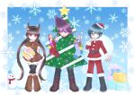  1girl 2boys :d ahoge antlers bangs belt black_belt black_pants black_thighhighs boots bow bowtie brown_hair christmas_tree_costume danganronpa_(series) danganronpa_v3:_killing_harmony dress fake_antlers food full_body fur-trimmed_dress fur-trimmed_headwear fur-trimmed_jacket fur_collar fur_trim gift harukawa_maki hat highres hio_(sakana_ice_fish) holding holding_sack jacket knee_boots long_hair low_twintails mole mole_under_eye momota_kaito multiple_boys open_mouth orange_eyes pants purple_hair red_bow red_bowtie red_dress red_eyes red_footwear red_headwear red_jacket red_pants reindeer_antlers sack saihara_shuuichi santa_boots santa_costume santa_dress santa_hat shiny shiny_hair shoes smile snowball snowflake_print socks spiked_hair star_(symbol) thighhighs twintails 