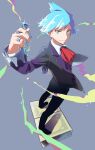  1boy blue_eyes blue_hair collared_shirt full_body grey_background highres jewelry ko_izumi_hida long_sleeves male_focus mega_stone necktie pokemon pokemon_(game) pokemon_oras ring shirt smile solo standing steven_stone white_shirt 