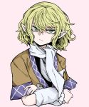  1girl arm_warmers blonde_hair closed_mouth crossed_arms fe_(tetsu) green_eyes highres looking_at_viewer mizuhashi_parsee multicolored_clothes pink_background pointy_ears scarf short_hair simple_background solo touhou upper_body white_scarf 