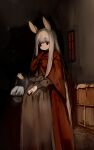  1girl animal_ears bangs basket commentary_request cowl dark dress grey_hair hand_on_own_stomach highres holding holding_basket long_dress long_hair motherly night original outdoors partial_commentary pregnant rabbit_ears rabbit_girl red_eyes shirokujira solo 