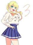  1girl blonde_hair blue_eyes blue_skirt bow bowtie countdown cowboy_shot fangs hand_on_hip highres hiroyuki hoshizaki_rika_(kanojo_mo_kanojo) kanojo_mo_kanojo miniskirt official_art open_mouth orange_bow orange_bowtie pleated_skirt simple_background skirt smile solo teeth twintails upper_teeth_only white_background 