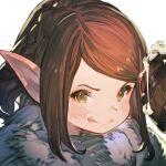  &gt;:) 1girl alcohol bangs beer braid brown_hair close-up crown_braid cup drinking final_fantasy final_fantasy_xiv from_side froth fur_trim giott green_eyes holding holding_cup lalafell licking_lips looking_at_viewer mono_(monoia14) pointy_ears portrait short_hair simple_background smile solo swept_bangs tankard tongue tongue_out v-shaped_eyebrows white_background 