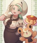  1girl :d apron ascot blush breasts brown_apron brown_ascot brown_skirt butter buttons commentary_request double-breasted food gloves green_eyes green_hair hands_up hat holding holding_plate katy_(pokemon) open_mouth pancake plate pokemon pokemon_(creature) pokemon_(game) pokemon_sv puffy_sleeves s_(happycolor_329) shirt short_sleeves skirt smile teddiursa teeth tongue upper_teeth_only waist_apron watermark 