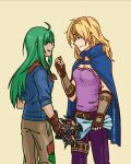  2girls bandana belt blonde_hair blue_cape bouquet cape clip_studio_paint_(medium) fire_emblem fire_emblem:_radiant_dawn fortegrace green_hair heather_(fire_emblem) highres holding holding_bouquet holding_jewelry holding_ring jewelry looking_at_another multiple_girls nephenee_(fire_emblem) open_mouth patchwork_clothes red_bandana ring smile stitching wedding_ring yuri 